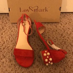 Red Suede Block Heel w/ Pearl Detail NWT